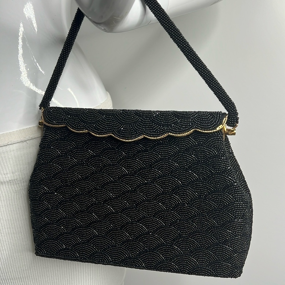 Walborg Black Glass Hand Beaded Handbag Made in India Excellent Condition